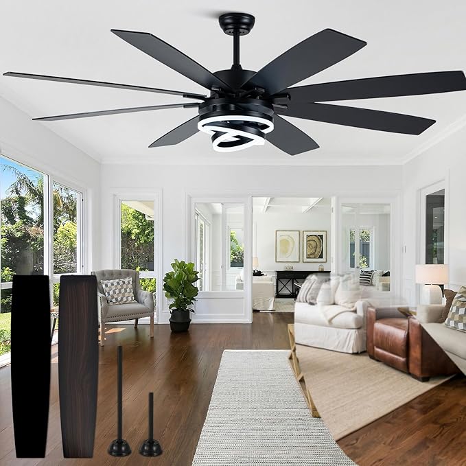 Black Ceiling Fans with Lights and Remote, 72 Inch Indoor/Outdoor Large Modern Ceiling Fan for Living Room Kitchen, Dimmable, 6 Speed Reversible DC Motor, Dual Finish
