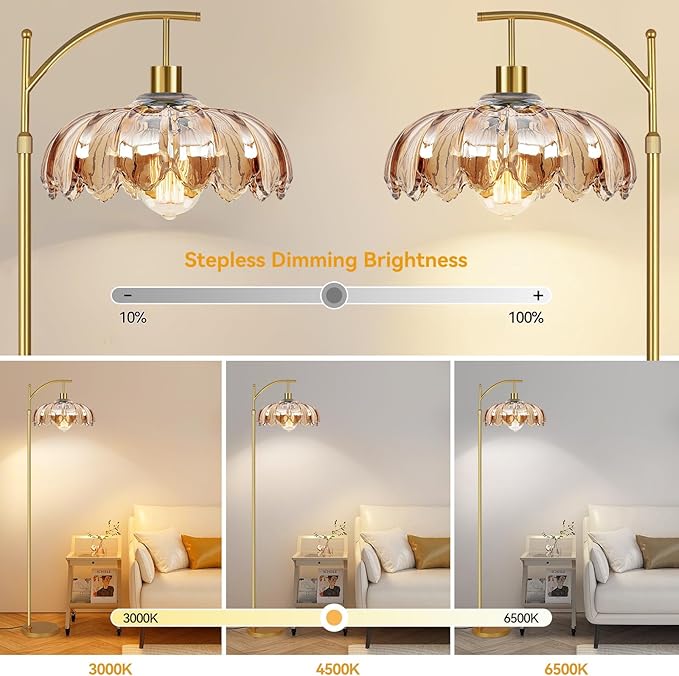 Arc Floor Lamp for Living Room Gold Floor Lamp with Remote Control,Dimmable Floor Lamps With Glass Lampshades,Mid Century Modern Standing Lamp Tall Vintage Flower Floor Lamps for Bedroom,Corner