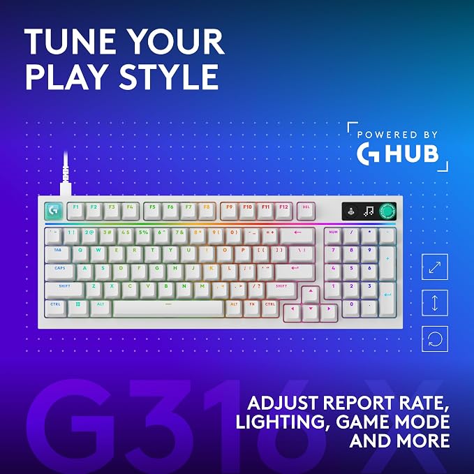 Logitech G316 X 98 Mechanical Gaming Keyboard (Linear) - White | Hot-Swappable Linear Mechanical Switches, Gasket Design, PBT Keycaps, <8Khz, LIGHTSYNC RGB, Dot-Matxix LED Display, USB-C