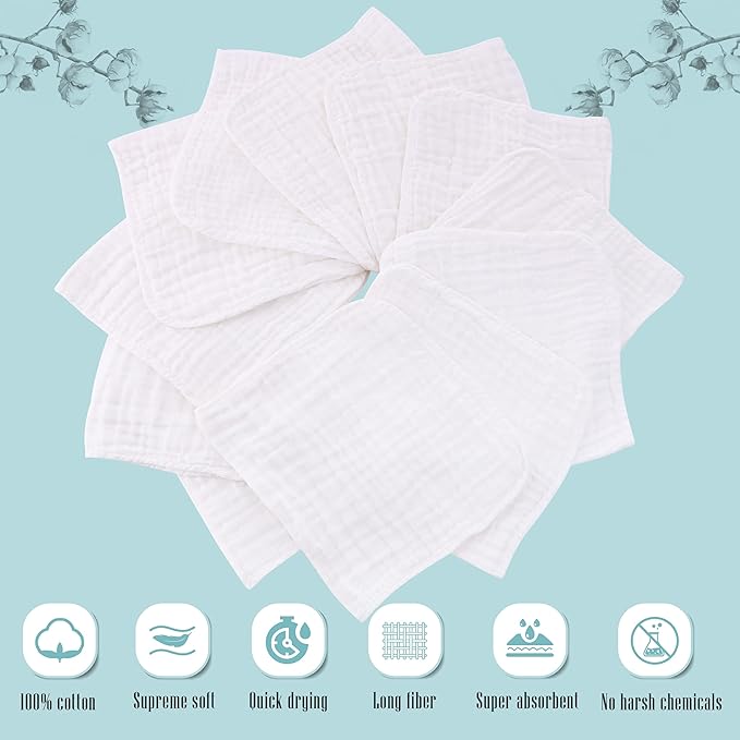 Cute Castle 12 Pack Muslin Burp Cloths for Baby - Ultra-Soft 100% Cotton Baby Washcloths - Large 20'' by 10'' Super Absorbent Milk Spit Up Rags - Burpy Cloths for Unisex, Boy, Girl - White