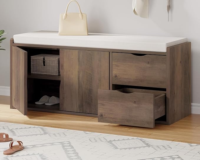 LVB Entryway Bench with Storage, 40” Storage Bench with Padded Cushioned Seat, Farmhouse Shoe Bench with 2 Drawers Cabinet Shelf, Industrial Wood Shoe Rack Bench for Living Bedroom，Rustic Oak, 40in