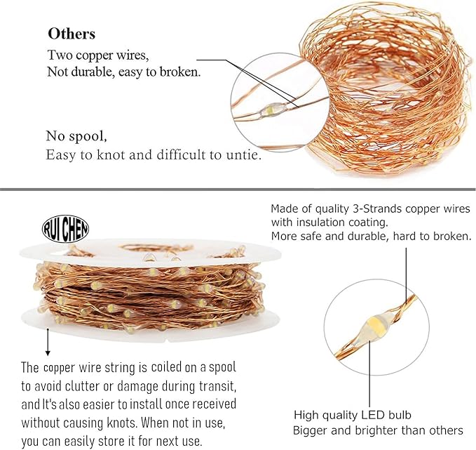RUICHEN Plug in Fairy String Lights with Switch, Waterproof 33 Ft 100 LED Copper Wire Firefly Lights for Bedroom, Patio, Garden, Balcony, Dorm, Red