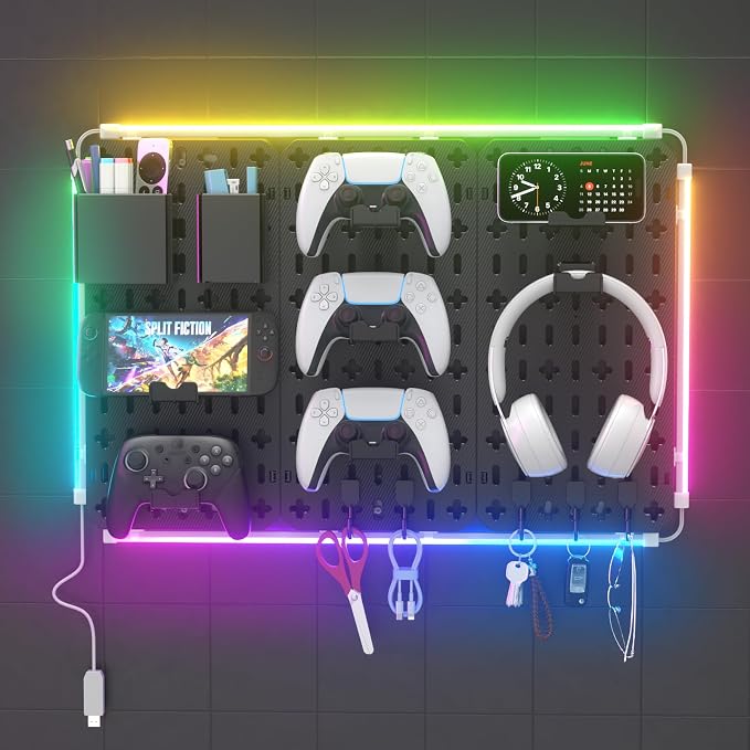 KDD 9 in 1 RGB Gaming Wall Organizer Peg Board - DIY Pegboard Combination Kit with Phone Stand/Pen Holder/Storage Box/Headset & Controller Holder/Hooks for Office & Home Gamer Room Decor Accessories