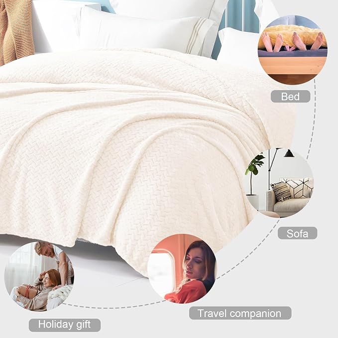 Exclusivo Mezcla Soft Fleece Bed Blanket Twin Size, 60”x80”, Off White | Cozy Fluffy Lightweight Blankets for Summer, Decorative Plush Flannel Throws for Living room, Bedroom with Leaves Pattern