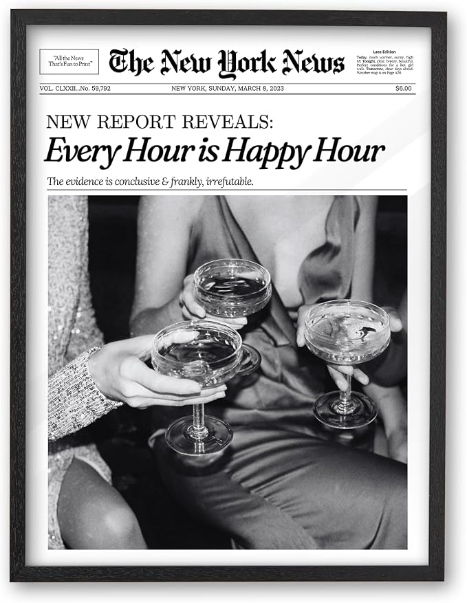 iHery 12x16in Every Hour Is Happy Hour Black Framed Newspaper Wall Art | Premium Black Natural OAK Wood Frame with Canvas Print, Retro Editorial Decor for Bedroom, Girl Dorm, Living Room 1Pack