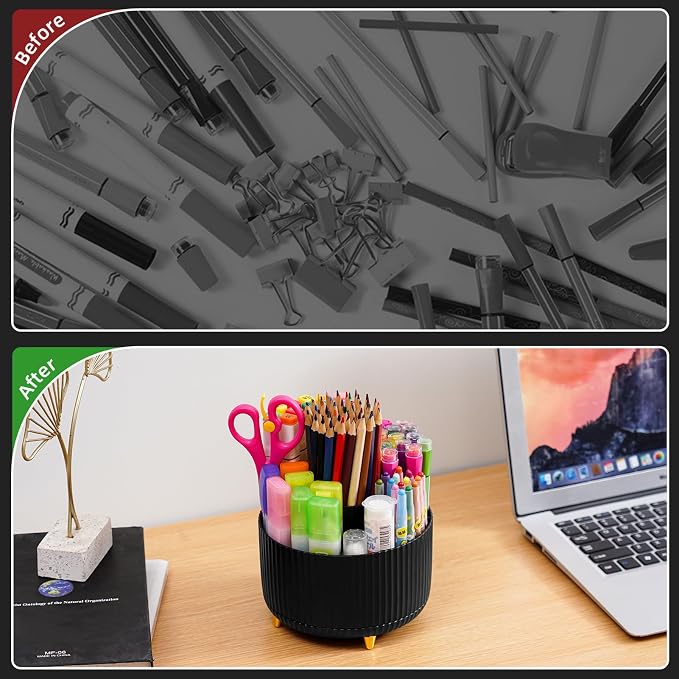 Marbrasse Desk Organizer, 360-Degree Rotating Pen Holder, Desk Organizers and Accessories with 5 Compartments Pencil Holder, Art Supply Storage Box Caddy for Office, Home (Black)