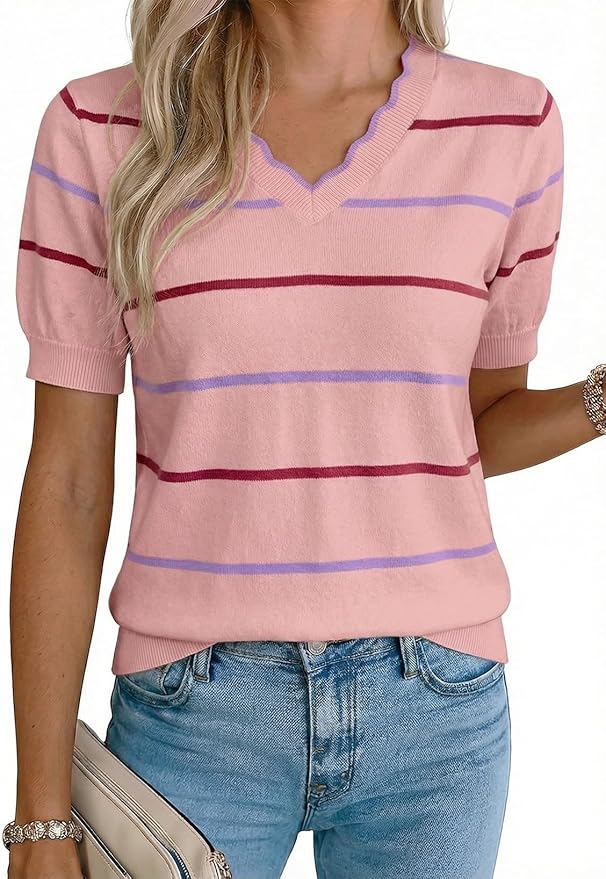 Dokotoo Womens Summer Short Sleeve Knit Tops 2026 Spring Trendy Casual V Neck Striped Sweater Blouses