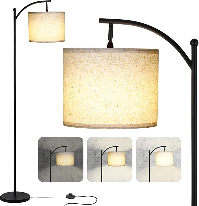 Modern Floor Lamp, 3-Ways Dimmable Standing Lamp with Linen Shade, Adjustable Height, Foot-Step Switch, Reading Lamp for Living Room, Bedroom, Office, 9W Bulb Included (Black)
