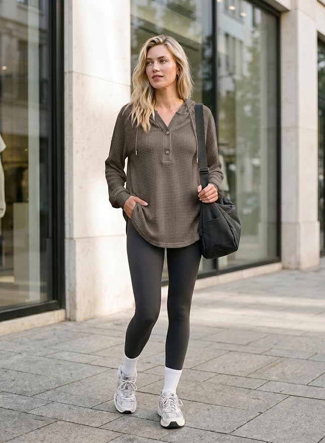 Dokotoo Hoodies for Women Waffle Knit Long Sleeve Drawstring Button V Neck Casual Sweatshirt Hooded Tops Fashion Clothing
