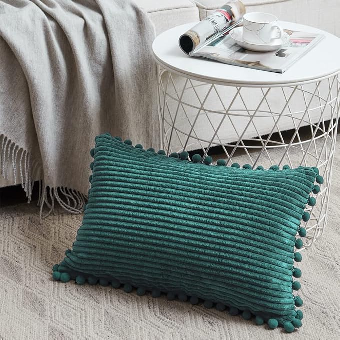 Fancy Homi Pack of 2 Teal Decorative Throw Pillow Covers 12x20 Inch with Pom-poms for Living Room Couch Sofa Bedroom, Soft Corduroy Solid Lumbar Cushion Case 30x50 cm, Rustic Farmhouse Home Decor