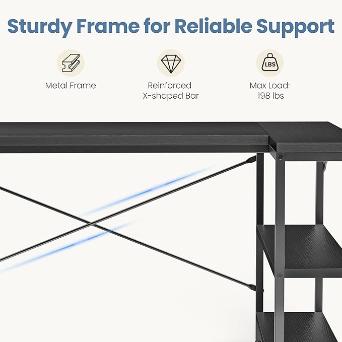 DUMOS L Shaped Computer Desk, 47" Gaming Corner Desks with Shelves | Home Office PC Table, Writing Working Study Desk with Reversible Layout, Bedroom Dorm, Black