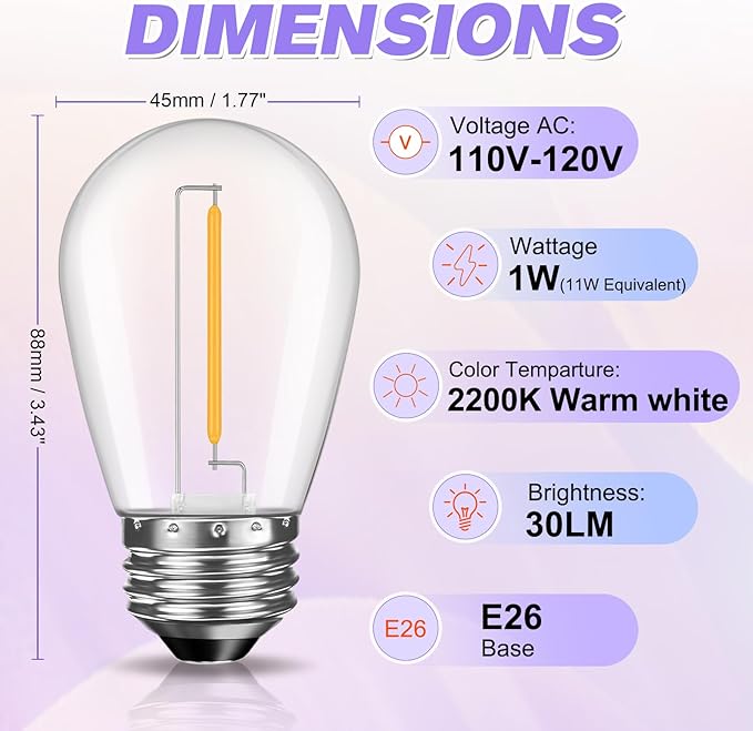 24 Pack Shatterproof S14 LED Replacement Bulbs for Outdoor String Lights, 1W Equivalent to 11W Incandescent Bulb, Soft White 2200K, Dimmable, E26 Regular Medium Screw Base