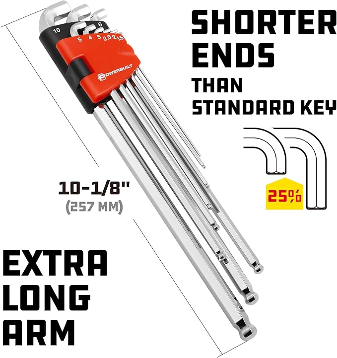 Powerbuilt 9 Piece Metric Stubby Long Arm Ball End Hex Key Wrench Set, Allen Hex Key Wrench, Extra Long Arm, Ball End, size 1.5 to 10mm - 240100