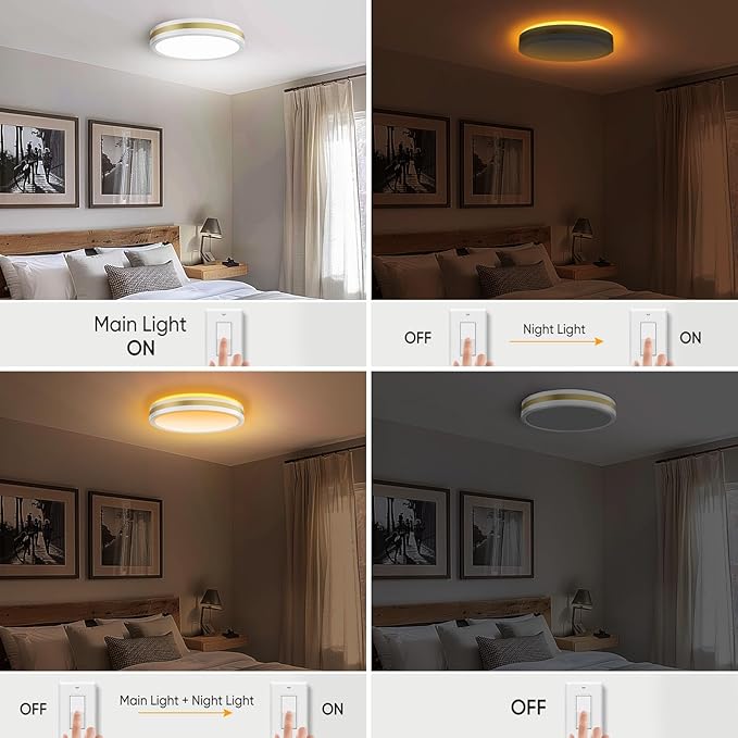 13 Inch Flush Mount Ceiling Light with Night Light, 5CCT Modern White Gold LED Ceiling Light Fixture, 25W 2500LM 2700K-6500K Adjustable, Dimmable Light Fixtures Ceiling Mount for Bedroom Hallway, ETL