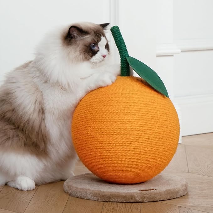 VETRESKA Orange Cat Scratching Post, Cute Cat Scratcher with Sisal Rope, Vertical Cat Scratch Post for Indoor Cat and Kitten, Cat Scratching Ball