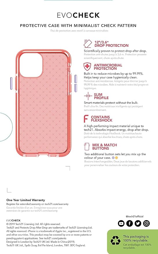 tech21 Evo Check Phone Case for Apple iPhone 11 with 12 ft. Drop Protection Coral