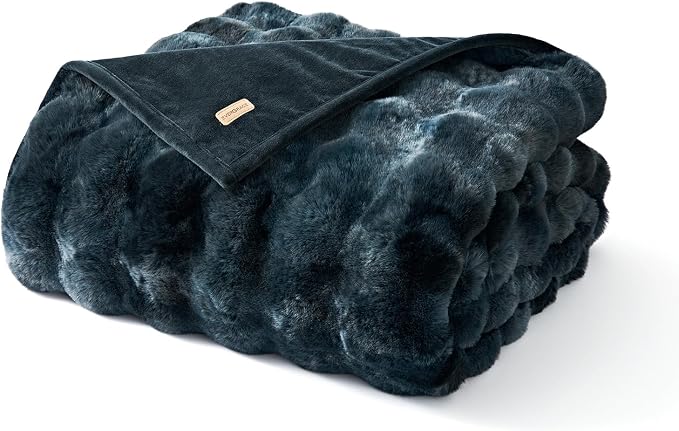 Faux Rabbit Fur Bubble Throw Blanket, 50"x60", Marble Deep Indigo | Ultra Soft, Luxury Faux Rabbit Fur Throw, Thick Warm Bubble Blanket, Cozy Fluffy Reversible, for Bed, Couch, Chair, Sofa