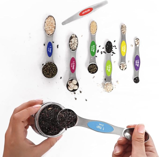 Multicolor Magnetic Measuring Spoons Set with Leveler | 7Pack, Stainless Steel, Stackable, Fits Spice Jars - For Baking Kitchen Gadgets Apartment Essentials Fits