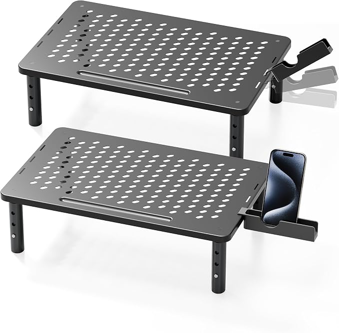 Computer Monitor Stand Riser for Desk, 3 Height Adjustable PC Laptop TV Desktop Monitor Stand Shelf, Metal Printer Table with Phone Holder, Stand Riser for Desk, Office Desk Organizers and Accessories, 2 Pack