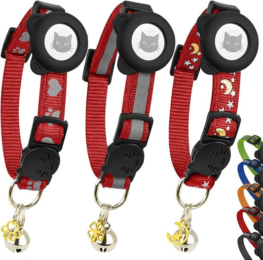 Cat Collar with AirTag Holders, 3-Pack, Reflective Breakaway Safety Collars, Bells and Matching Charms, Adjustable, Paw Hearts, Moon Stars Design, Lucky Charm, Red
