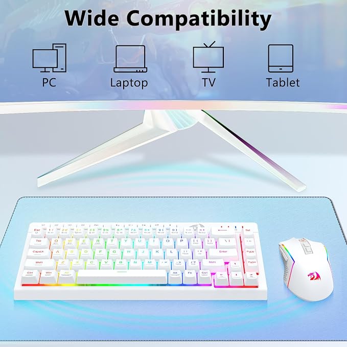 Redragon Wireless Gaming Keyboard and Mouse Combo, 60% Portable, White | Bluetooth/2.4G/USB-C Wired, RGB Backlit, Quiet Rechargeable Macro Membrane Keyboard & 12800 DPI Mouse for Win/MAC