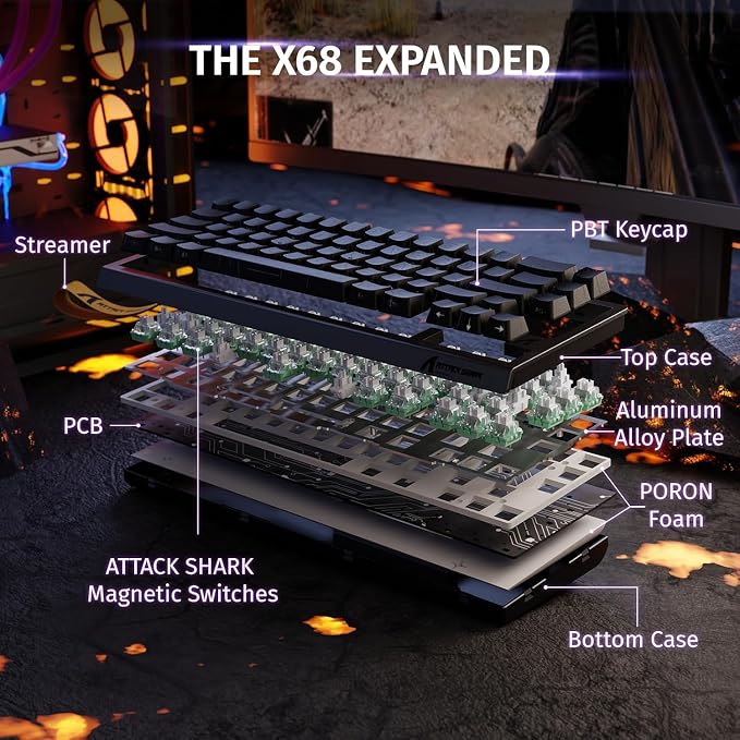 ATTACK SHARK X68HE RT Mechanical Gaming Keyboard 60% Wired TKL-BlackContour | Adjustable Actuation,Hall Effect Magnetic Switch,8KHz Polling Rate,RGB Backlit,Top Mount,Side Printed Keycap for PC Mac Gamer