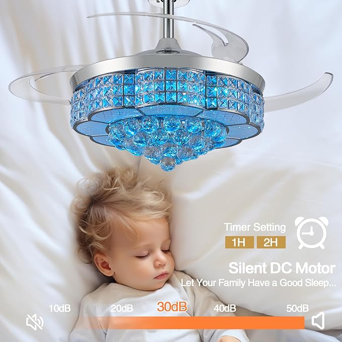 36" RGB Retractable Crystal Ceiling Fan with Light and Speaker Dimmable Bluetooth Chandelier Fan, 6 Speed Timer Fandelier, APP/Remote Control & Speaker for Bedroom,Silver