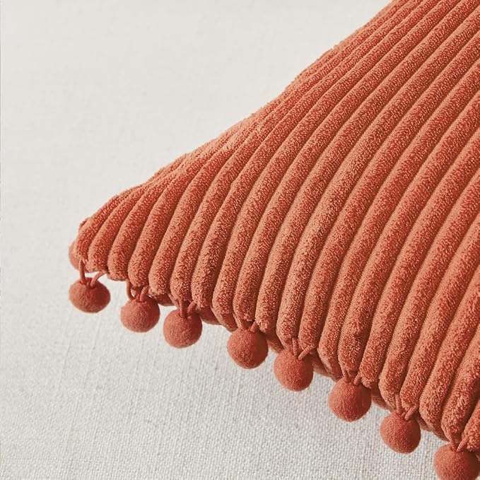 Fancy Homi 2 Pack Burnt Orange Small Decorative Throw Pillow Covers 12x12 Inch with Pom-poms for Couch Bedroom Living Room, Soft Corduroy Solid Rectangle Cushion Case 30x30 cm, Boho Fall Home Decor