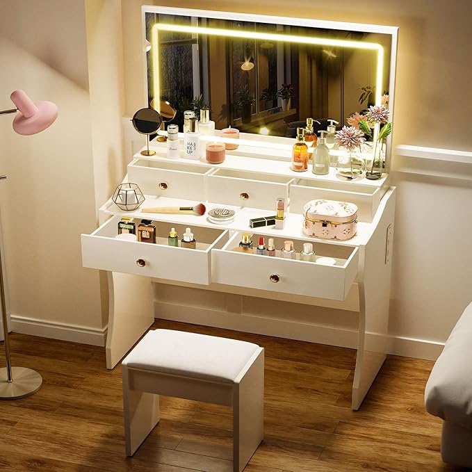 COMHOMA Makeup Vanity Desk with Mirror and Lights, Vanity Table and Chair Set with 5 Drawers and Charging Station, Bedroom Dresser LED Mirror Stepless Dimmable & 3 Color Modes Adjustable, Pearl White