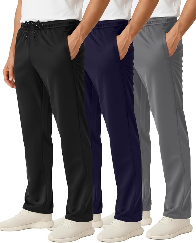 3 Pack Men's Mesh Open Bottom Sweatpants Active Athletic Workout Gym Pocket | Available in Big & Tall, Uncuffed, Elastic Waistband, Drawstring, Straight Leg, Running, Jogging, Exercise, Training, Sports