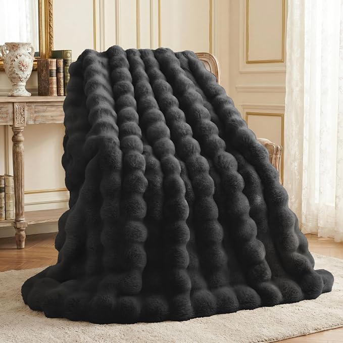 L'AGRATY Faux Rabbit Fur Throw Blanket for Couch, 90'' x 90'', Black | Soft Cozy Bubble Fluffy Blanket for Sofa Bed, Thick Warm Plush Fuzzy Throw for Room Home Decor, Luxury Gift for Women Mom