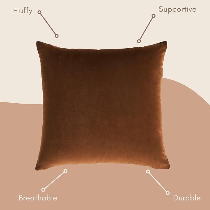 Solid Color Velvet Throw Pillow with Insert Included (Brown, 20"x20"), Decorative Pillow for Sofa, Couch, Bed, Chair Cushion