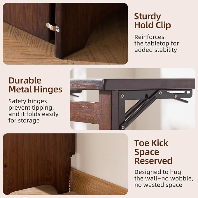 Bamboo Folding Desk with Storage, Foldable Desk for Small Spaces, Brown | Space-Saving Computer Desk with Storage, Compact Size, Writing Study Table for Home Office, Bedroom, Dorm, Apartment
