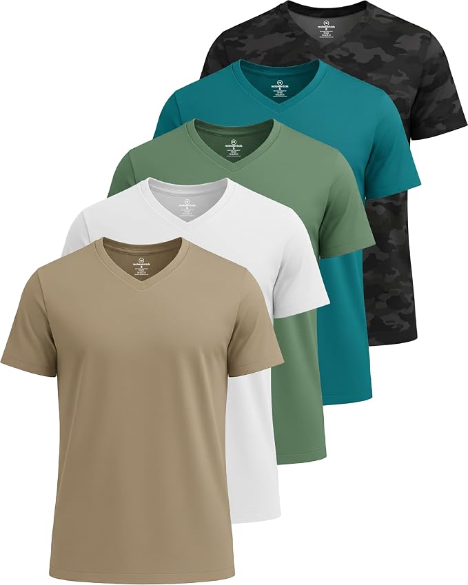 5 Pack Men's Dry Fit V Neck Gym Workout T Shirts Athletic Moisture Wicking | Cooling, Quick Dry, Breathable, Short Sleeve, Exercise, Cycling, Sports, Outdoor, Fitness, Golf, Crossfit, Hiking, Tennis