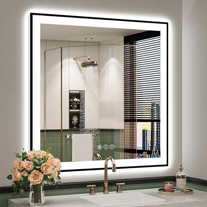 36x36 Inch LED Bathroom Mirror with Lights (Front Lit and Backlit) Black Framed Lighted Vanity Mirror for Bathroom Wall Dimmable Anti-Fog Memory Tempered Glass Horizontal/Vertical