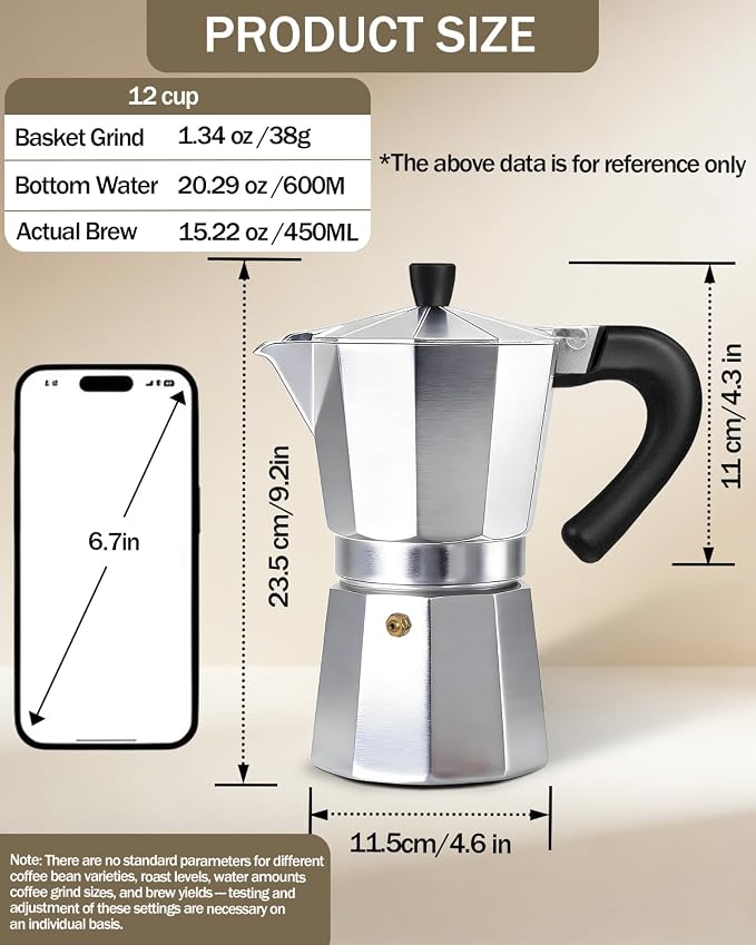 Coffee Maker Stovetop Espresso Maker 12 Cup Aluminum Moka Pot Percolator 20oz 600ml Easy Brewing for Electric Ceramic Stoves Home Camping Italian Cuban Café Classic Silver