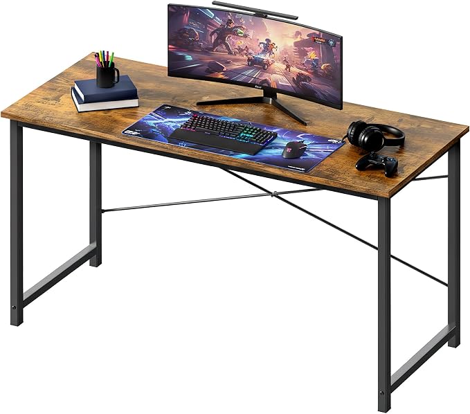 OLIXIS 55 Inch Computer Office Desk for Small Spaces, Writing Gaming Work Desk Modern Study Table with Storage Bag & Headphone Hook Home Bedroom, Rustic Brown | Gaming Work Writing Workstation, Home Office, Bedroom, Sturdy Design, Rustic Brown