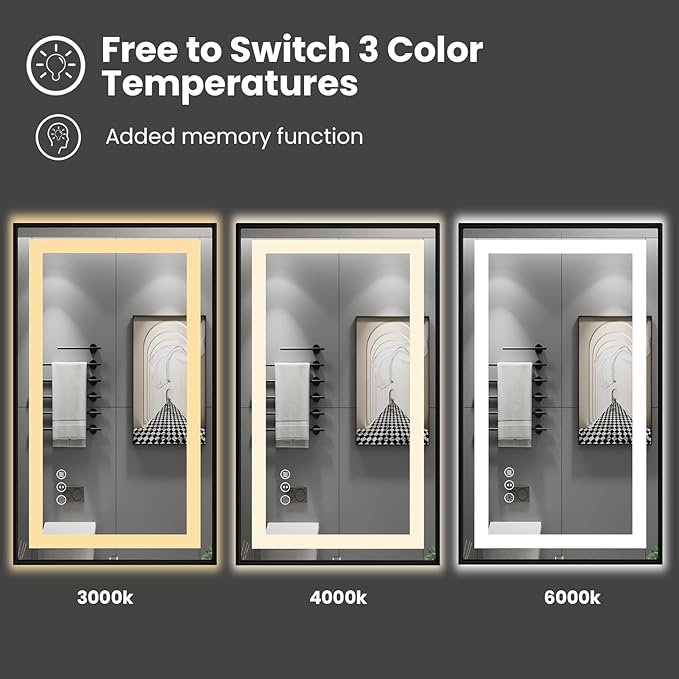 Amorho 36"X30" Black LED Mirror for Bathroom, Front Light and Backlit Framed Mirror, Stepless Dimmable, Anti-Fog, Shatter-Proof, Memory, 3 Colors, Double LED Vanity Mirror