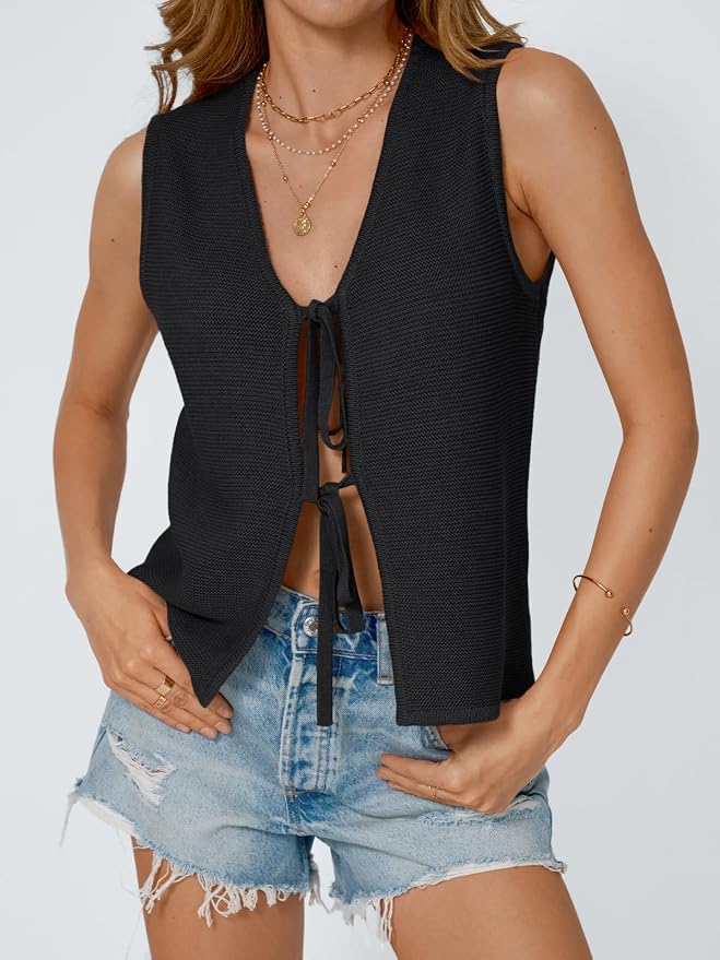 LILLUSORY Womens Tie Front Tops Vacation Sweater Vest | Bohemian Style, Beach Resort Wear, Concert Western Outfits, Crochet Tops, Vacation Outfits, Cute Y2k Sleeveless 2026
