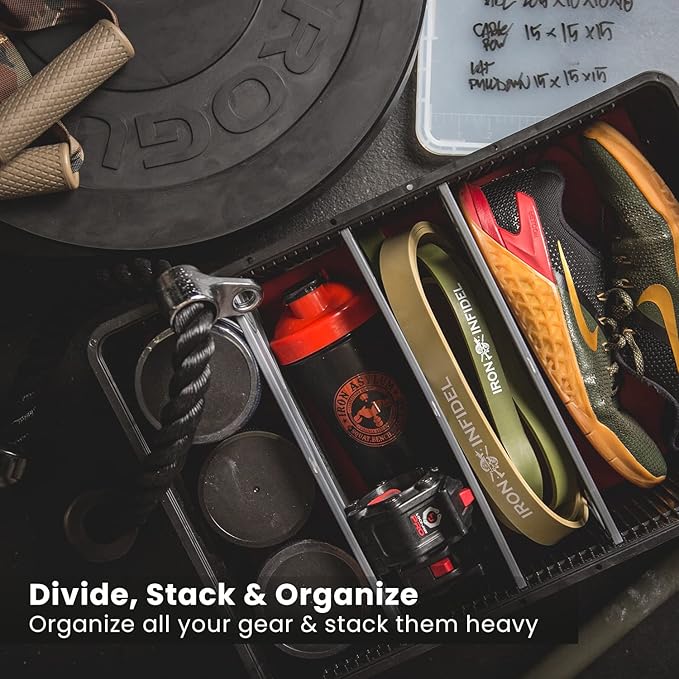 SIDIO CRATE Starter Pack - Two Full Size and One Half Size Heavy Duty Stackable Storage Bins, Totes with Lids and Dividers - Durable Organizer for Home, Office, Garage, and Outdoor Use - Stealth
