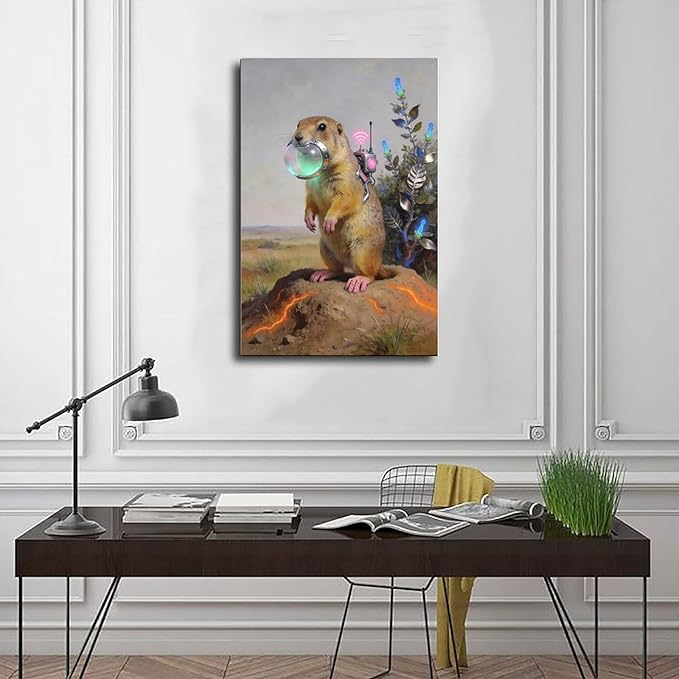 Framed Steampunk Mechanical Prairie Dog Wall Art - Retro-Futuristic Wilderness Poster for Living Room Game Room Decor 08x12inch(20x30cm)