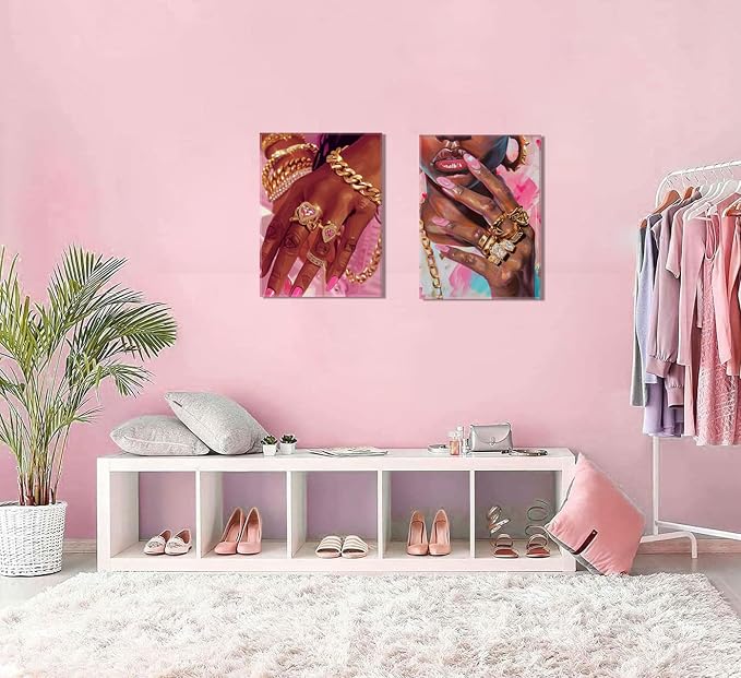Black Girl Wall Art Set of 3 Pink Fashion Black Woman Canvas Wall Decor Pictures African American Women Paintings Home Decor Posters Prints for Living Room Bedroom Bathroom 16x24Inch Framed
