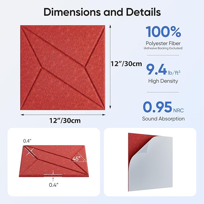 12 Pack 12" X 12" X 0.4" Acoustic Panels for Wall Sound Absorbing, P-Stripes Square Self-Adhesive Sound Panel, High Density Suitable for Multiple Scenarios(Cherry Red)