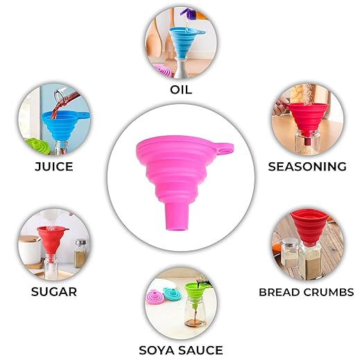 Foldable Silicone Kitchen Funnel - Easy to Carry - Heat Resistant, Non-Toxic & Odorless Wide Mouth Food Grade Gadget - Perfect for Transferring Liquid, Powder & Dry Ingredients | Set of 4