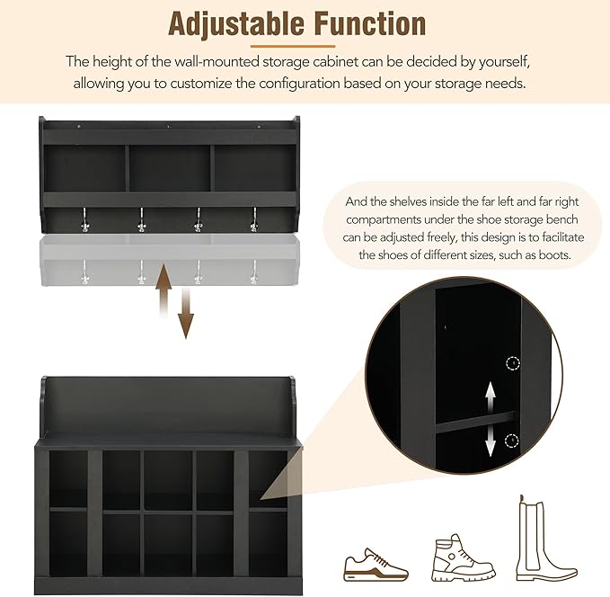 AMNOOL Modern Hall Tree with Shelves and 4 Hooks with Wall Mounted Coat Rack Shoe Storage Bench with Ten Storage Compartments Adjustable Shelves for Hallway, Foyer, Mud Room (Black)