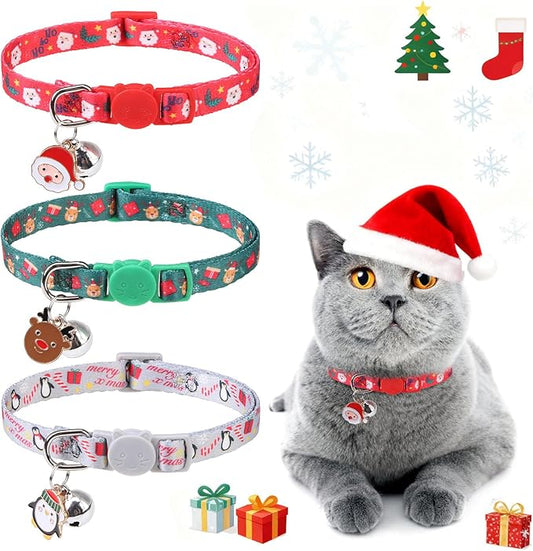 3 Pack Christmas Cat Collars Breakaway with Bell & Charm-Holiday Cat Collar for Girl Boy Cats with Safety Buckle- Cute Santa Snowman Kitten Collar Adjustable 8"-12" for Kitty Puppy Small Pets