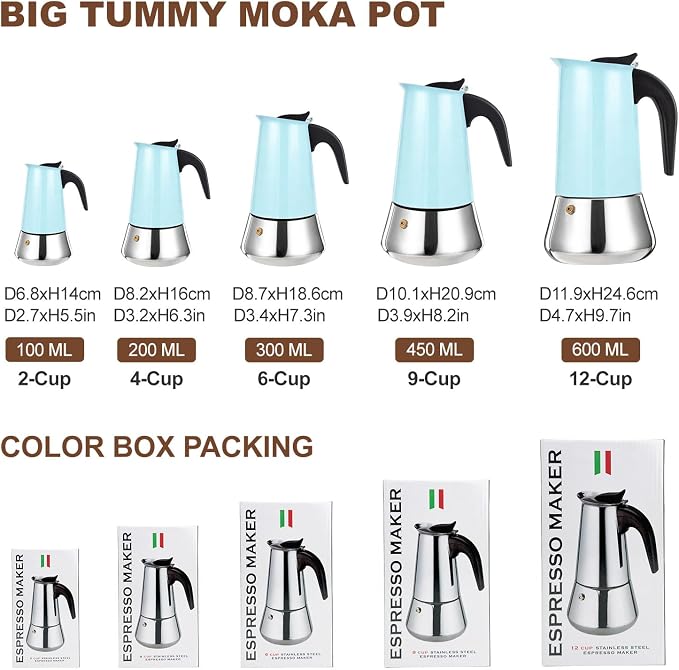 4 Cup Stovetop Espresso Maker Stainless Steel Moka Pot Stove Top Percolator Italian Coffee Makers Capable Mocha Greca Machine Cafe Classic Induction Cookers for Home and Camping 200ml 6.6oz