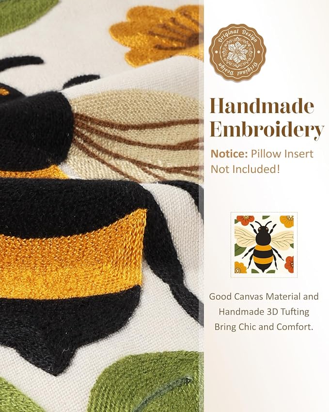 Animal Embroidered Throw Pillow Cover 20x20 Inch, Bee Floral | Decorative Pillow Cover, Farmhouse Cushion Cases with Hidden Zipper, Cottagecore Decor for Couch, Sofa, Living Room