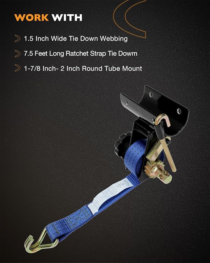 Ladder Rack Ratchet Straps, W/J-Hook (2PCS), 2" Black Round Tube Mount, 1.5" Wide x 7.5' Long, Blue Truck Rack Straps, 500 lbs Load Heavy Duty, Lumber Rack Ratchet Straps, Pipe/Roof Rack Straps