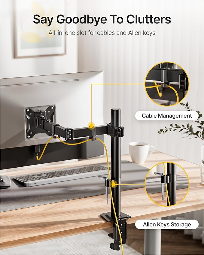 monTEK Extra-Long Monitor Arm for 17-32" Screens, 22 lbs | Articulating desk mount, extended reach, height adjustment, tilt, swivel, clamp/grommet bases and VESA 75/100